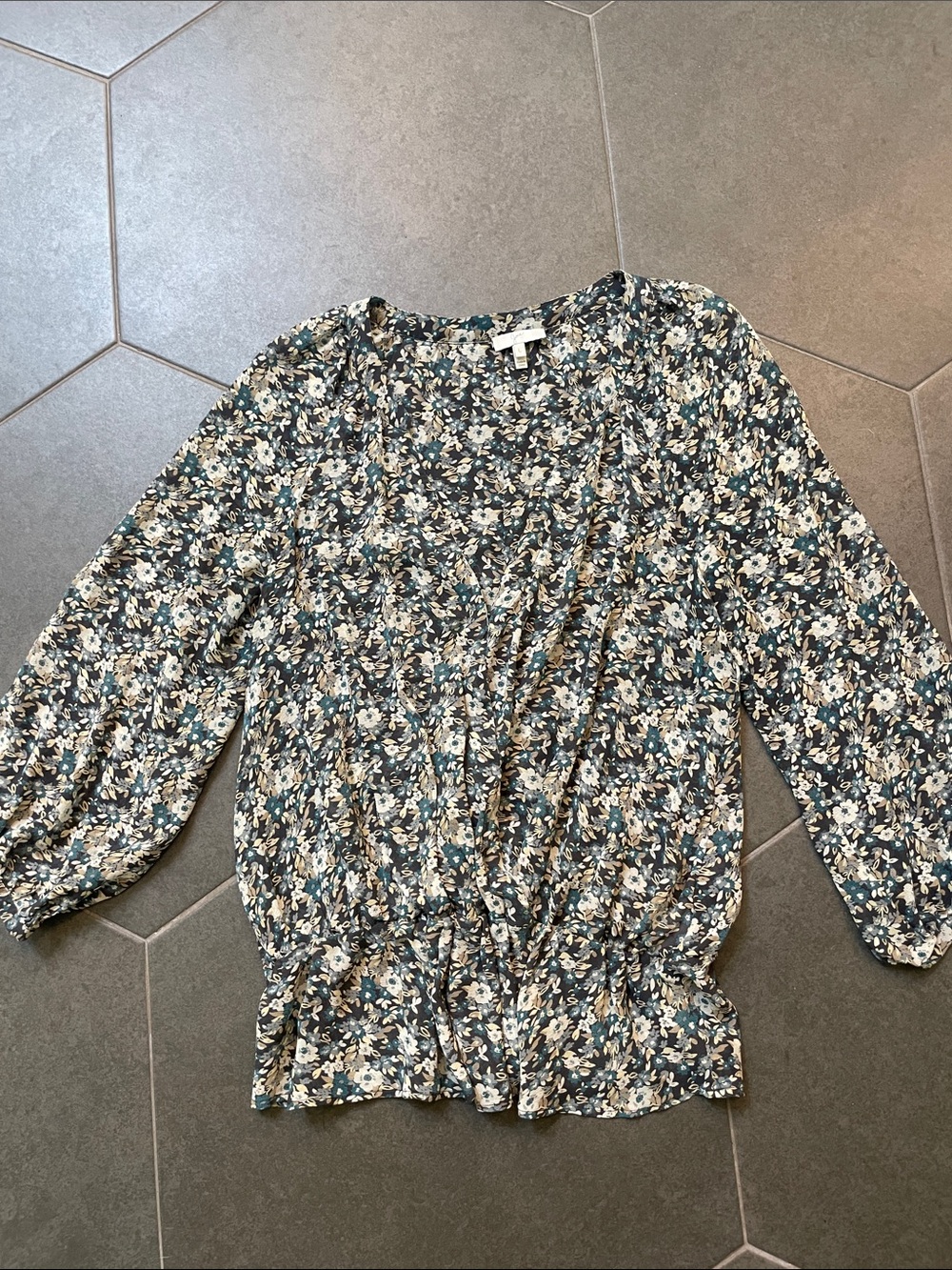 Joie Floral Print Silk Wrap Blouse - Grey, Teal & Cream L